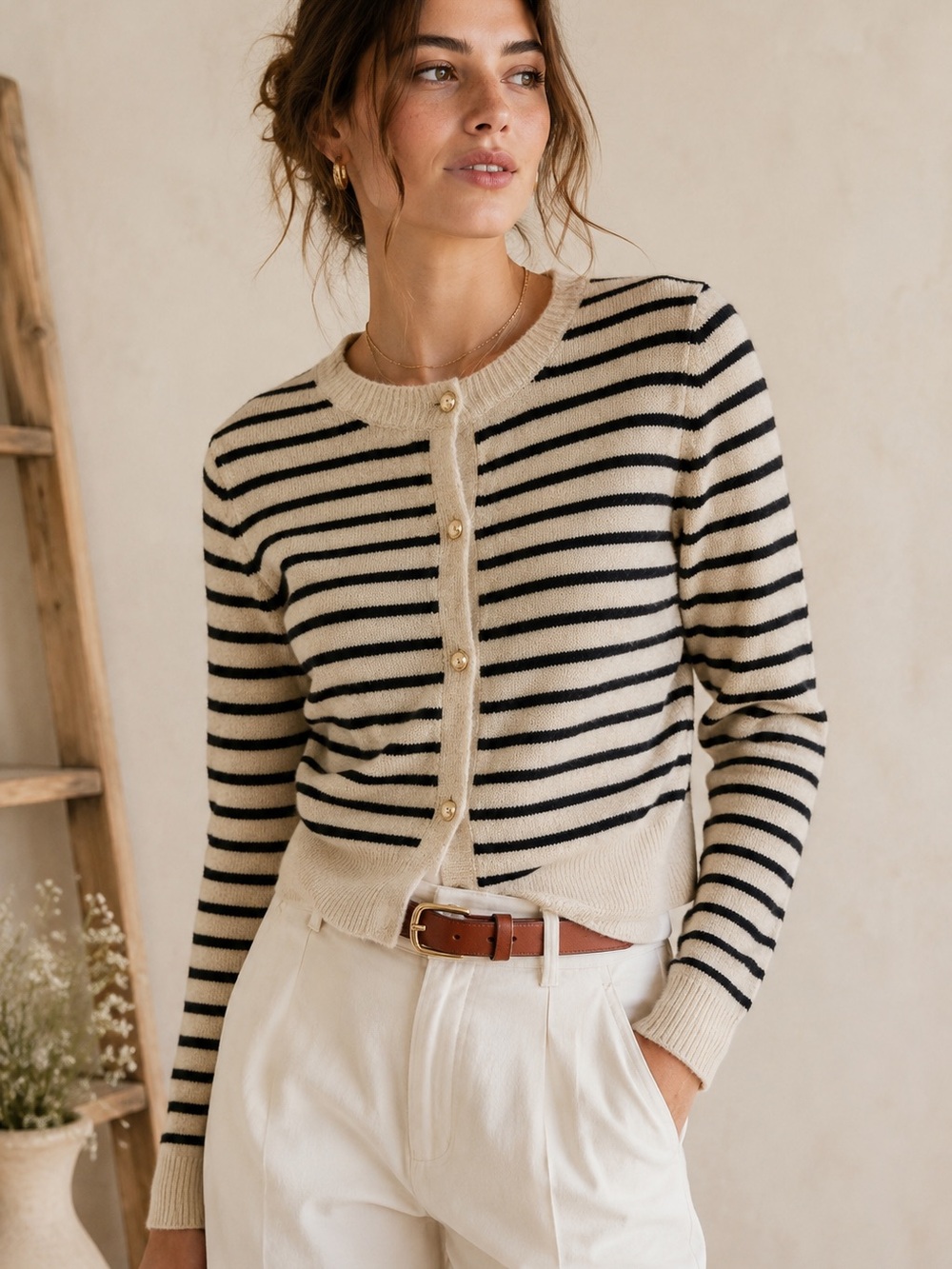 ZARA Striped Knit Cardigan Sweater Cream Navy Gold Buttons Size S